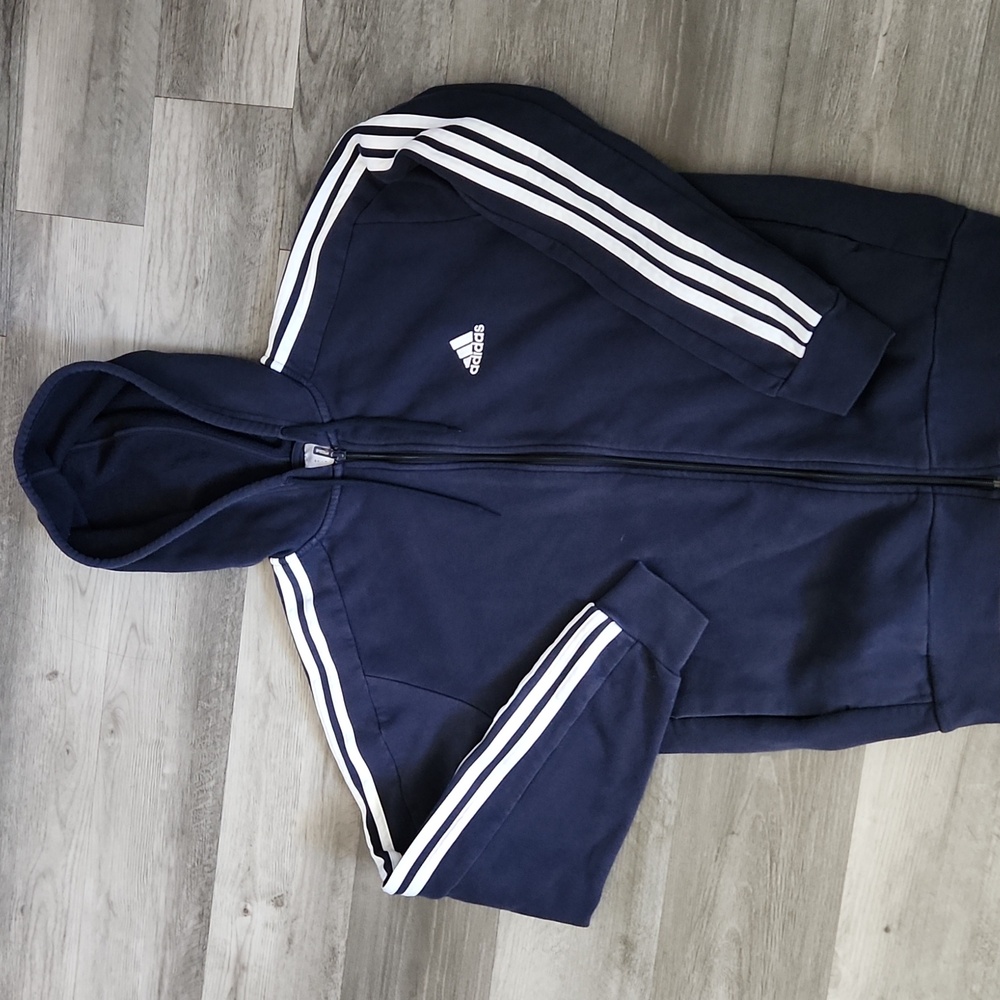 Adidas Full Zip Hooded Jacket Blue White Stripe Embroidered Logo Mens Size S